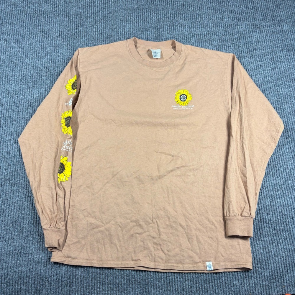 Simply Southern Shirt Womens L Tan Long Sleeve Cow Sunflower Graphic Cotton